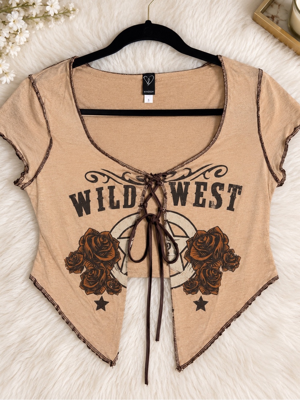 Windsor Tan Wild West Lace-Up Crop Top with Rose Graphic